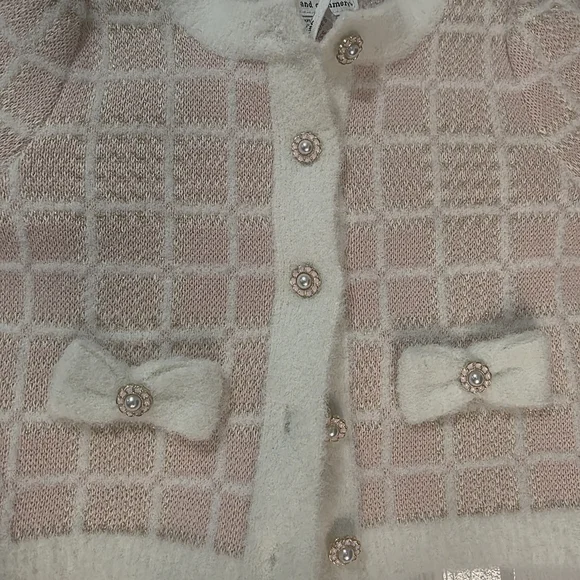Toddler/Girls (12 Months) Pink and Cream w/Gold Threading Plaid KnitCardigan